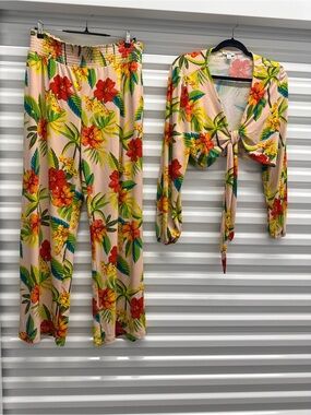 Bar III Peach Floral Top with Red, Green & Yellow Print
